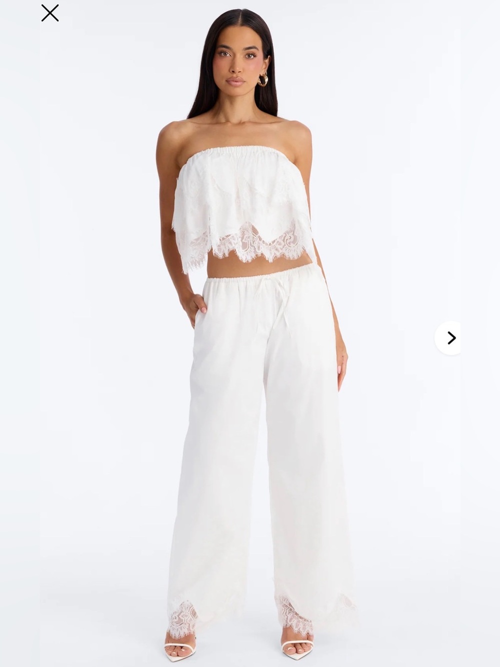 Fashion Nova Strapless White Lace-Trim Pant Set